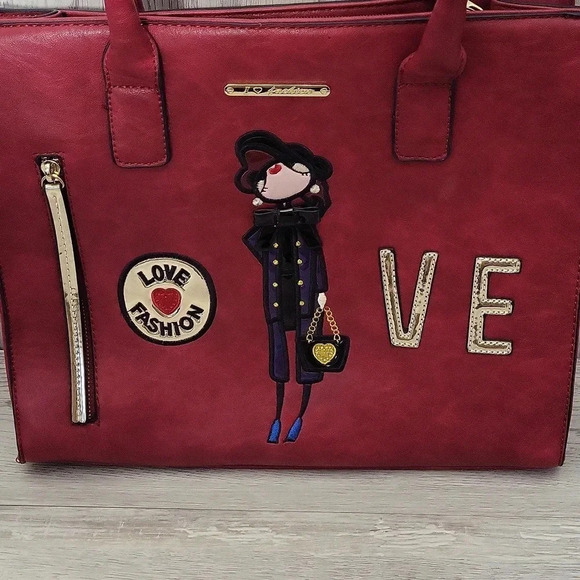 I Love‎ Fashion Faux Leather Red Multi Pocket Shoulder Bag - Picture 3 of 13